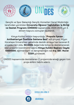 Kimya Kulübü’nden Üniversite Öğrenci Toplulukları İş Birliği ve Destek Programı (ÜNİDES) Kapsamında 2. Proje Başarısı