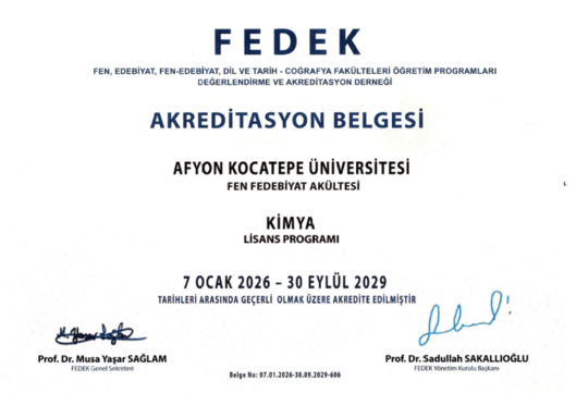 Kimya Bölümü FEDEK Akreditasyon Belgesi